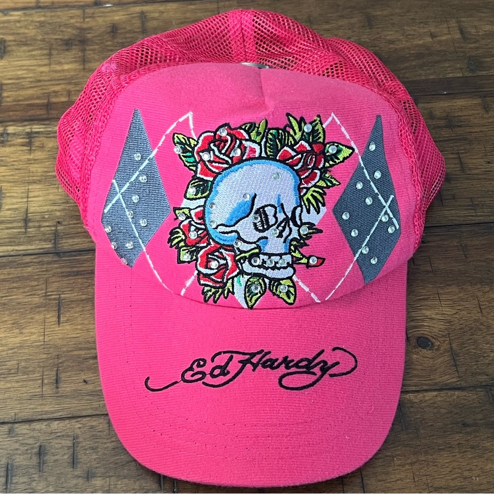 Ed Hardy Rhinestone Skull Mesh SnapBack Hat